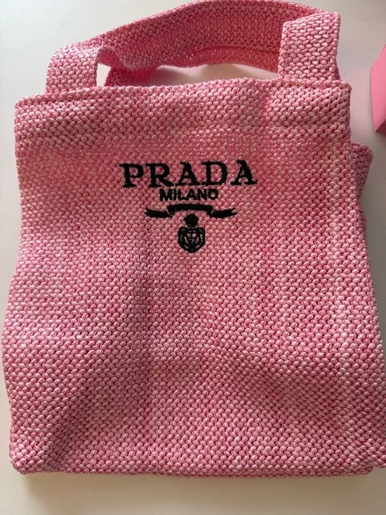 Exclusive Prada Pink Raffia Mini Tote with Black Logo - Picture 1 of 7